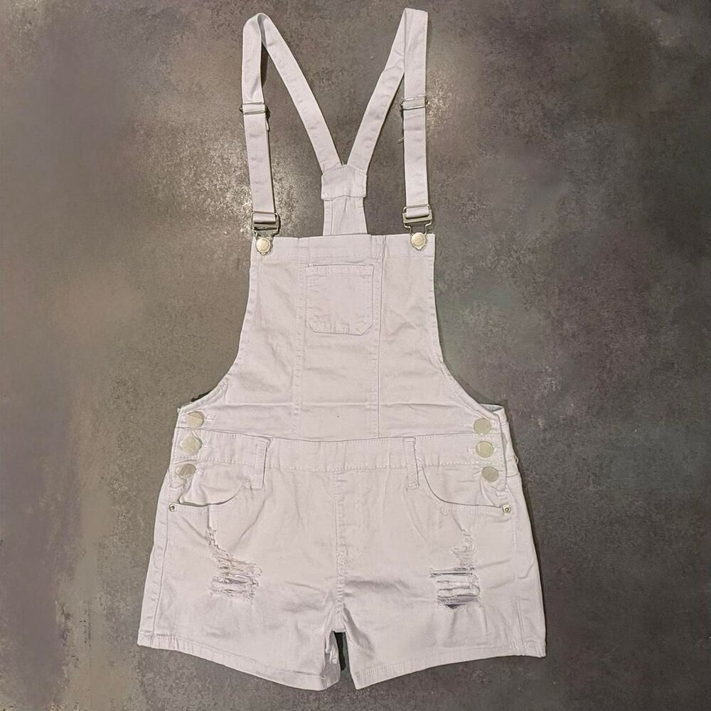 American Bazi White Overall Shorts | Distressed Twill | Women’s Large | NWT